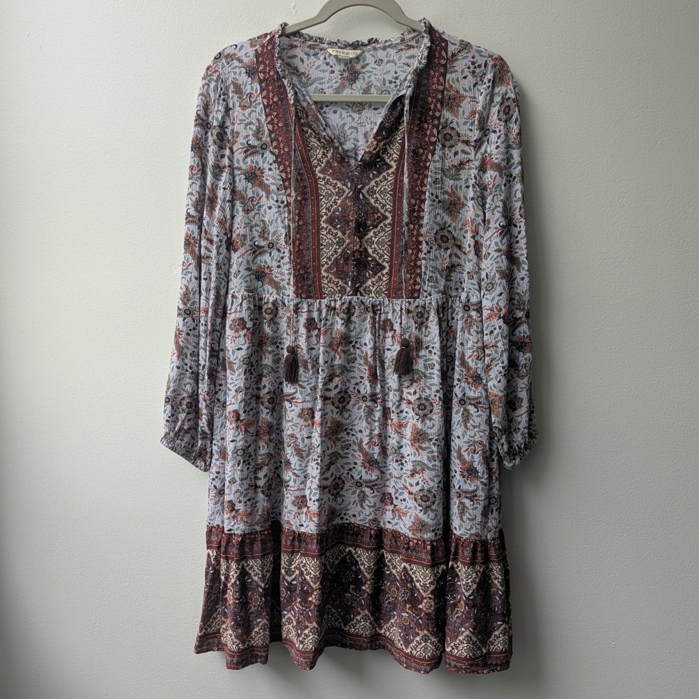Frye and Co. Mini Dress Burgundy Floral Paisley Boho Sz S Cottagecore Babydoll